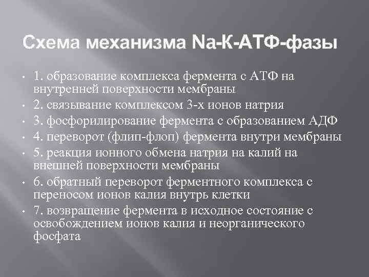 Схема механизма Na-К-АТФ-фазы • • 1. образование комплекса фермента с АТФ на внутренней поверхности