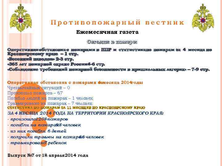 Ежемесячная газета Сегодня в номере: Оперативная обстановка с пожарами в НПР и статистикапо пожарам