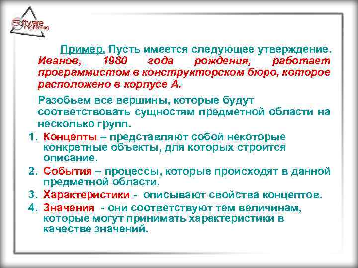 Пример. Пусть имеется следующее утверждение. Иванов, 1980 года рождения, работает программистом в конструкторском бюро,