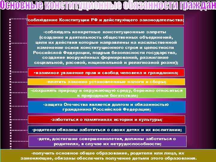 -соблюдение Конституции РФ и действующего законодательства; -соблюдать конкретные конституционные запреты (создание и деятельность общественных
