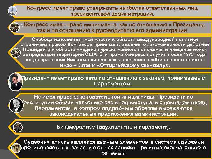 Конгресс имеет право утверждать наиболее ответственных лиц президентской администрации. 2) Конгресс имеет право импичмента,