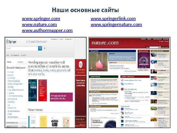 Наши основные сайты www. springer. com www. nature. com www. authormapper. com www. springerlink.