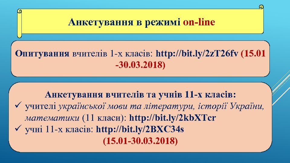 Анкетування в режимі on-line Опитування вчителів 1 -х класів: http: //bit. ly/2 z. T