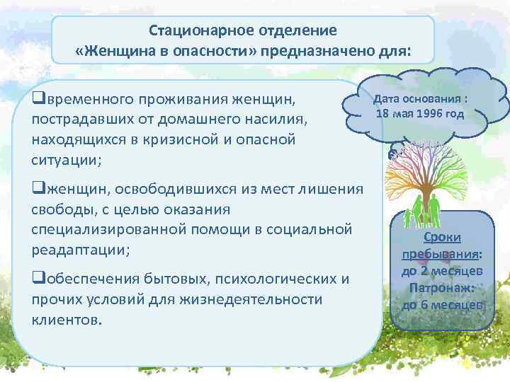 Стационарное отделение «Женщина в опасности» предназначено для: qвременного проживания женщин, пострадавших от домашнего насилия,