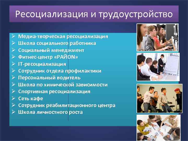 Ресоциализация и трудоустройство Ø Ø Ø Медиа-творческая ресоциализация Школа социального работника Социальный менеджмент Фитнес-центр