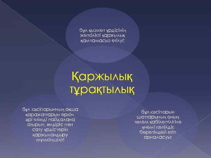 бұл қызмет үрдісінің жеткілікті қаржылық қамтамасыз етілуі; Қаржылық тұрақтылық бұл кәсіпорынның ақша қаражаттарын еркін,