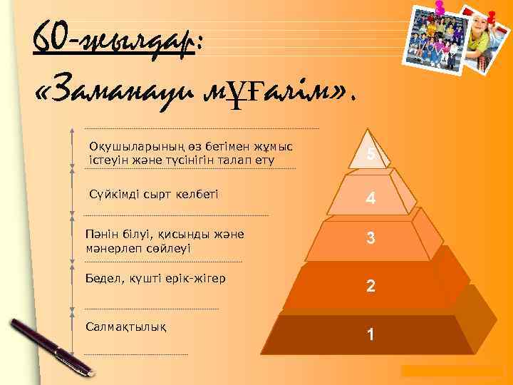 60 -жылдар: «Заманауи мұғалім» . Оқушыларының өз бетімен жұмыс істеуін және түсінігін талап ету