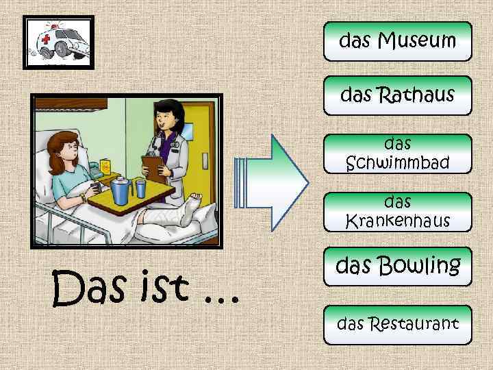 das Museum das Rathaus das Schwimmbad das Krankenhaus Das ist … das Bowling das