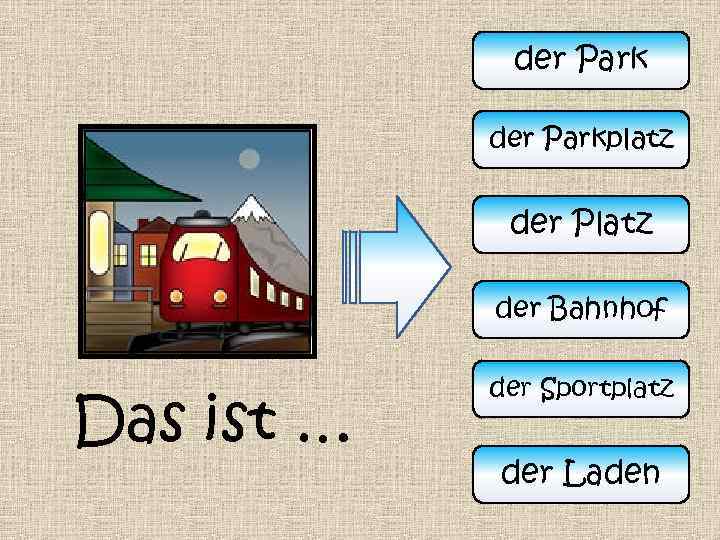 der Parkplatz der Platz der Bahnhof Das ist … der Sportplatz der Laden 