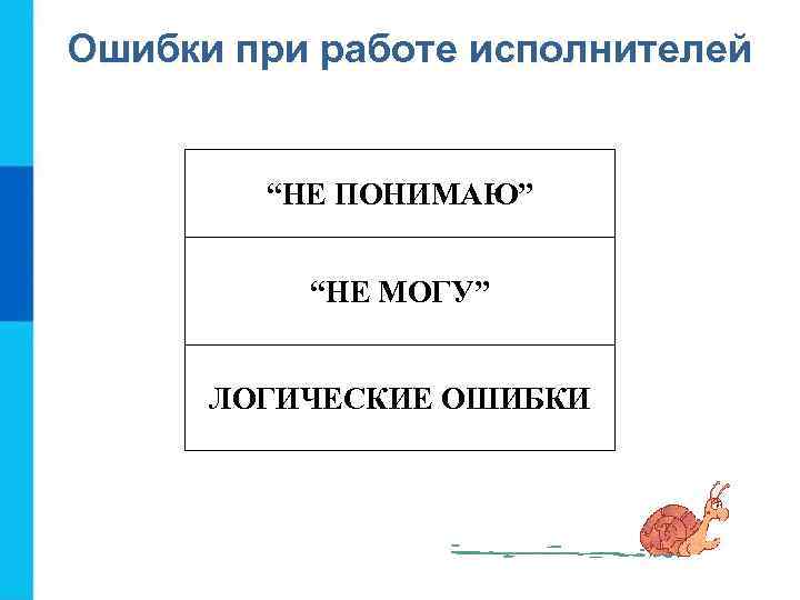 Ошибки при работе исполнителей “НЕ ПОНИМАЮ” “НЕ МОГУ” ЛОГИЧЕСКИЕ ОШИБКИ 