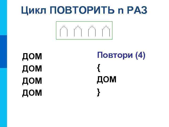 Цикл ПОВТОРИТЬ n РАЗ ДОМ ДОМ Повтори (4) { ДОМ } 