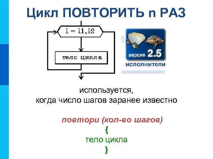 Цикл ПОВТОРИТЬ n РАЗ используется, когда число шагов заранее известно повтори (кол-во шагов) {