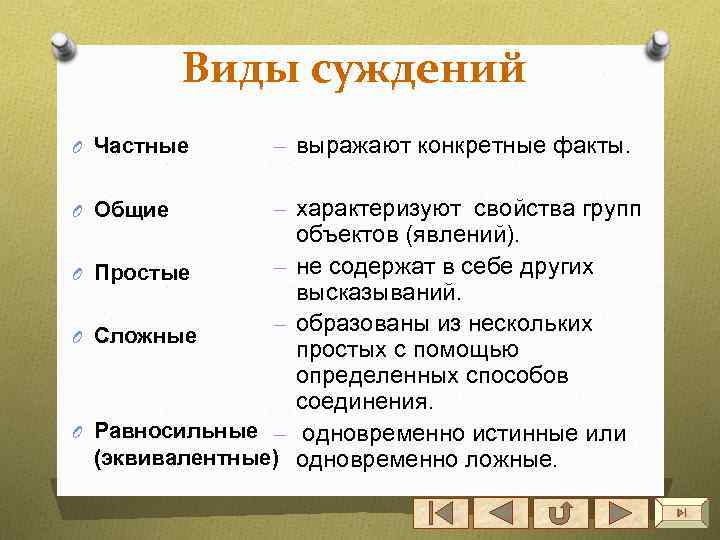 Виды суждений O Частные – выражают конкретные факты. O Общие – характеризуют свойства групп