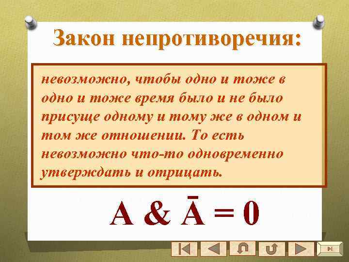 Закон непротиворечия: невозможно, чтобы одно и тоже время было и не было присуще одному