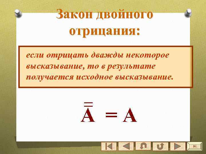 Закон двойного отрицания: если отрицать дважды некоторое высказывание, то в результате получается исходное высказывание.