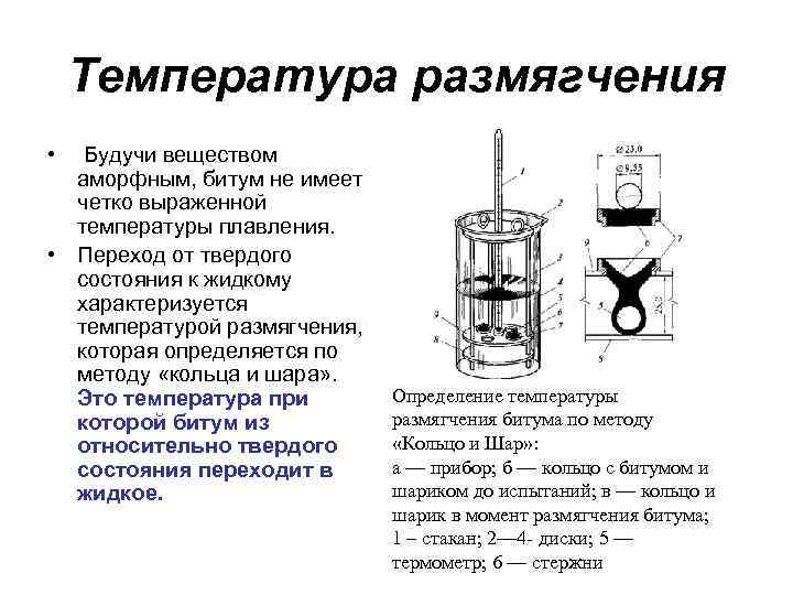 Температура размягчения • Будучи веществом аморфным, битум не имеет четко выраженной температуры плавления. •