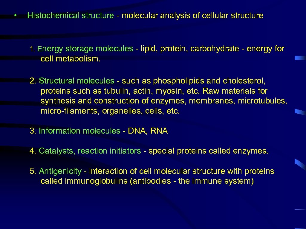  • Histochemical structure - molecular analysis of cellular structure 1. Energy storage molecules