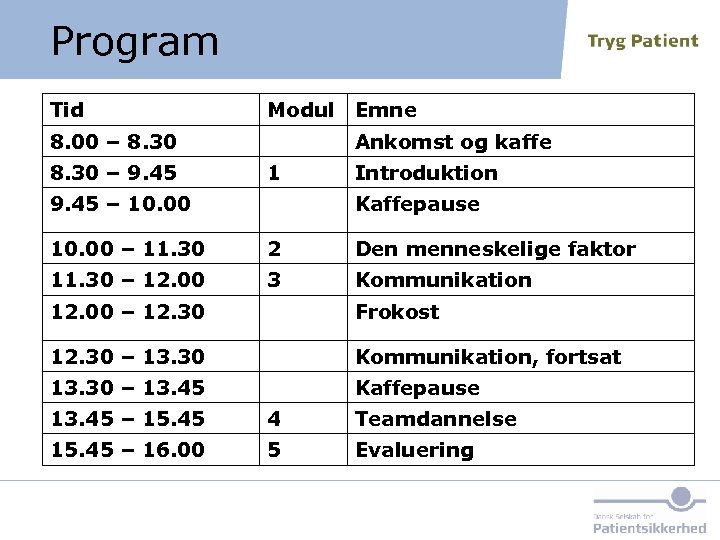 Program Tid Modul Emne 8. 00 – 8. 30 – 9. 45 Ankomst og