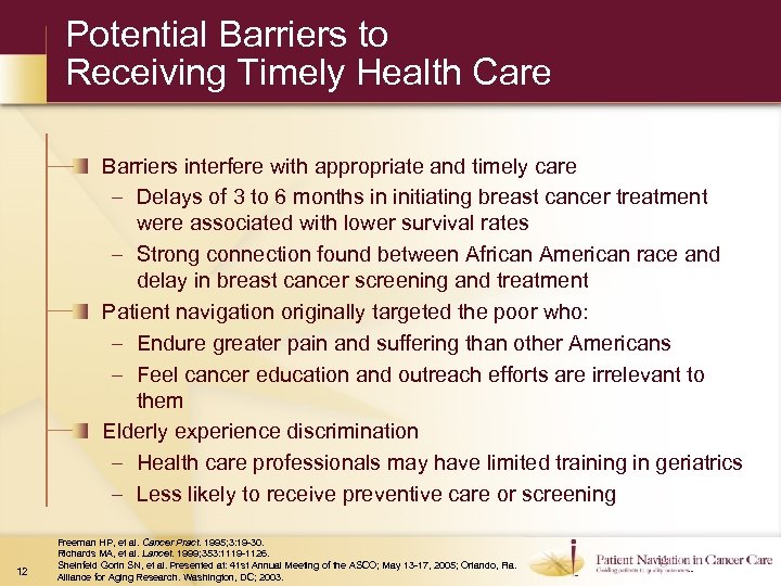 Potential Barriers to Receiving Timely Health Care Barriers interfere with appropriate and timely care