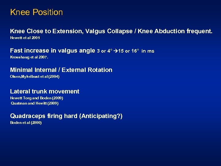 Knee Position Knee Close to Extension, Valgus Collapse / Knee Abduction frequent. Hewett et