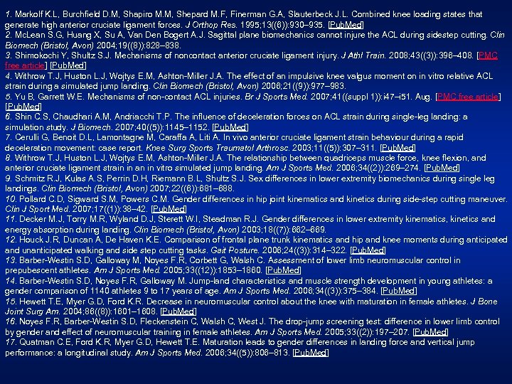 1. Markolf K. L, Burchfield D. M, Shapiro M. M, Shepard M. F, Finerman