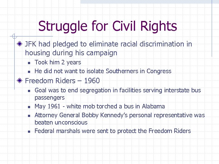 Struggle for Civil Rights JFK had pledged to eliminate racial discrimination in housing during