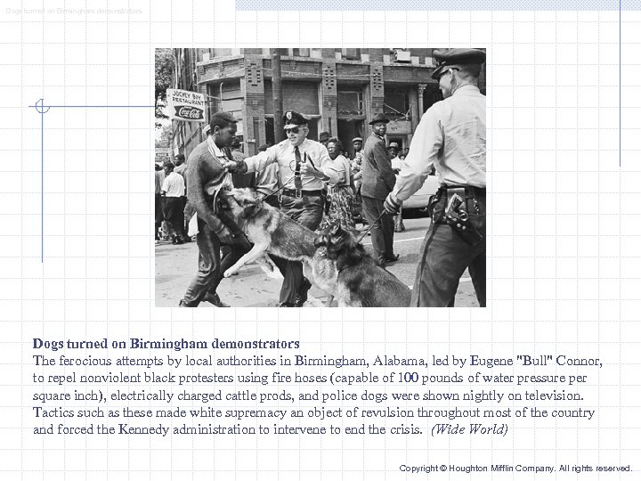 Dogs turned on Birmingham demonstrators The ferocious attempts by local authorities in Birmingham, Alabama,