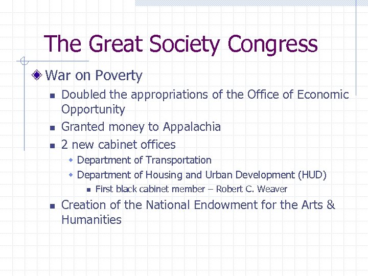 The Great Society Congress War on Poverty n n n Doubled the appropriations of