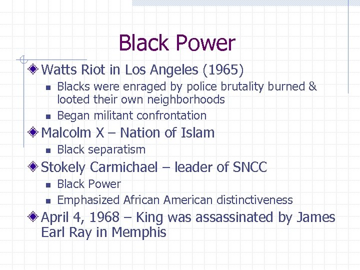 Black Power Watts Riot in Los Angeles (1965) n n Blacks were enraged by