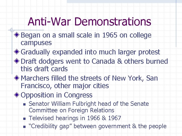 Anti-War Demonstrations Began on a small scale in 1965 on college campuses Gradually expanded