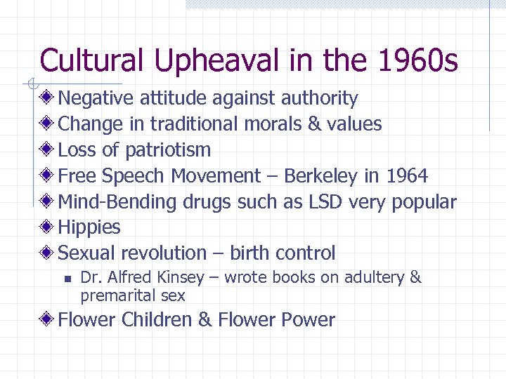 Cultural Upheaval in the 1960 s Negative attitude against authority Change in traditional morals
