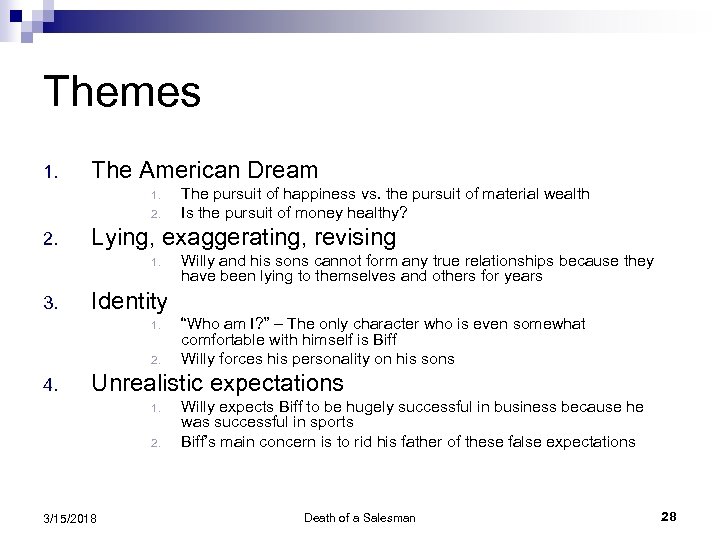 Themes 1. The American Dream 1. 2. Lying, exaggerating, revising 1. 3. Willy and