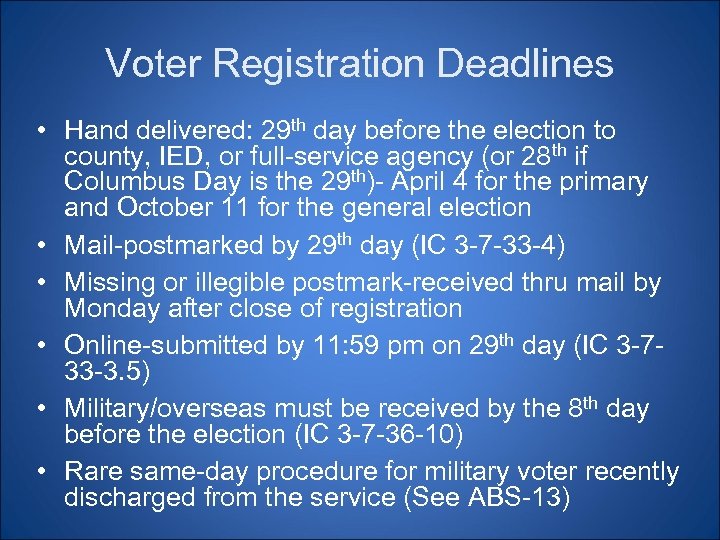 Voter Registration Deadlines • Hand delivered: 29 th day before the election to county,