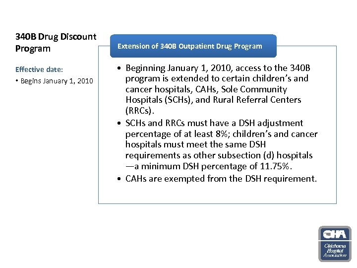 340 B Drug Discount Program Effective date: • Begins January 1, 2010 Extension of