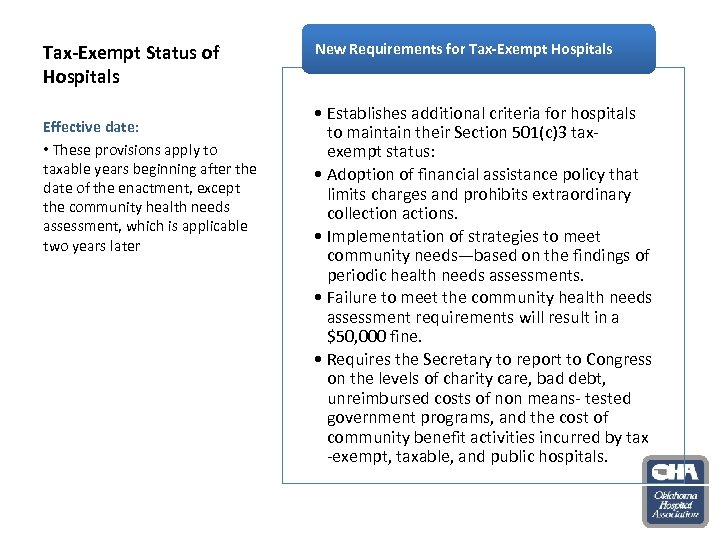 Tax-Exempt Status of Hospitals Effective date: • These provisions apply to taxable years beginning