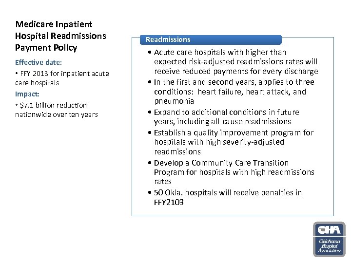 Medicare Inpatient Hospital Readmissions Payment Policy Effective date: • FFY 2013 for inpatient acute