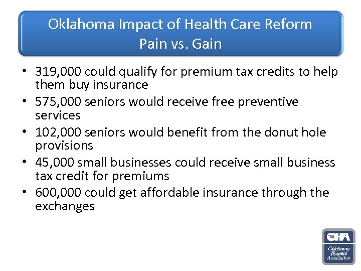 Oklahoma Impact of Health Care Reform Pain vs. Gain • 319, 000 could qualify