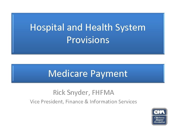 Hospital and Health System Provisions Medicare Payment Rick Snyder, FHFMA Vice President, Finance &