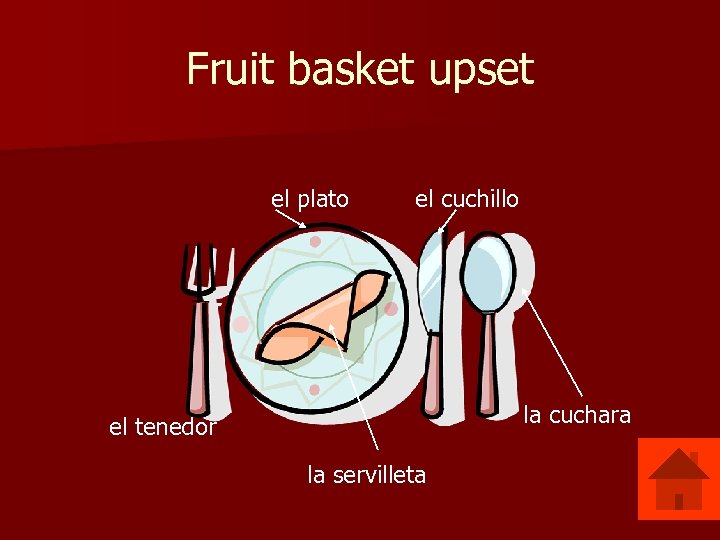 Fruit basket upset el plato el cuchillo la cuchara el tenedor la servilleta 