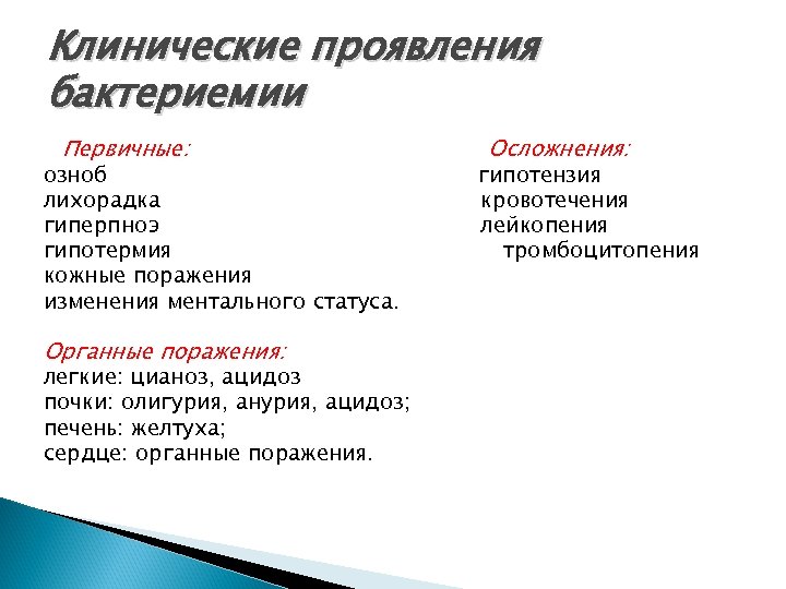 Клинические проявления бактериемии Первичные: озноб лихорадка гиперпноэ гипотермия кожные поражения изменения ментального статуса. Органные