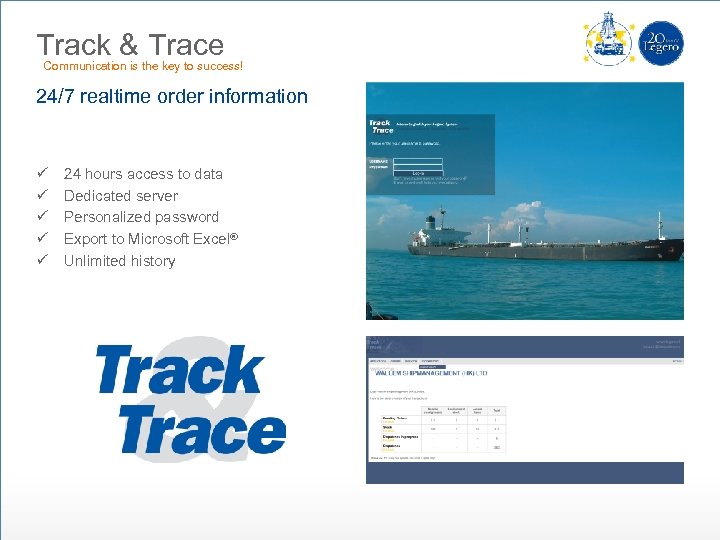 Track & Trace Communication is the key to success! 24/7 realtime order information ü