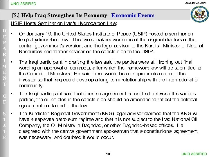 January 24, 2007 UNCLASSIFIED [5. ] Help Iraq Strengthen Its Economy –Economic Events USIP