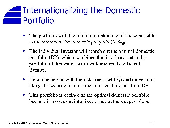 Internationalizing the Domestic Portfolio • The portfolio with the minimum risk along all those