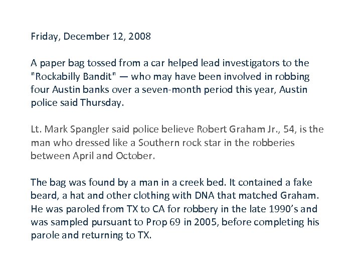 Friday, December 12, 2008 A paper bag tossed from a car helped lead investigators