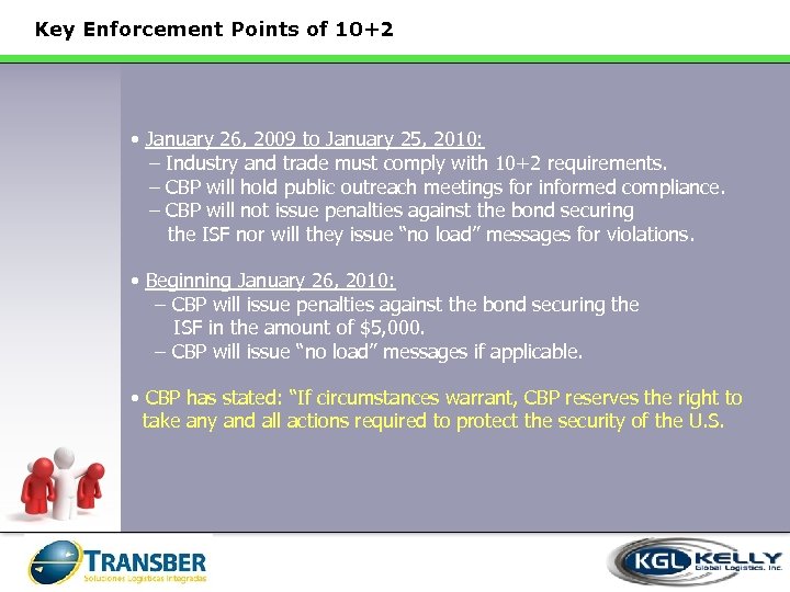 Key Enforcement Points of 10+2 • January 26, 2009 to January 25, 2010: –