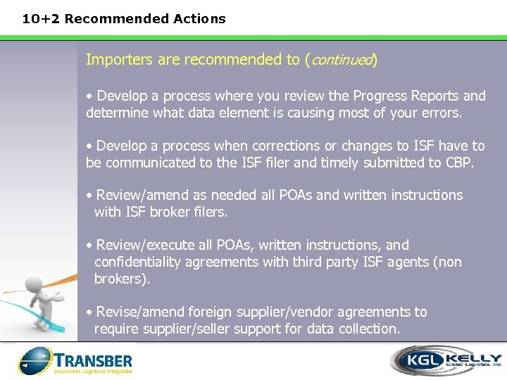 10+2 Recommended Actions Importers are recommended to (continued) • Develop a process where you