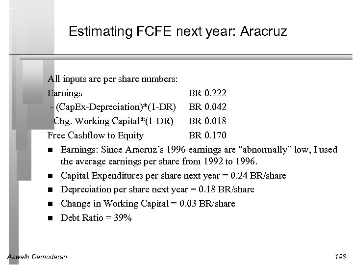Estimating FCFE next year: Aracruz All inputs are per share numbers: Earnings BR 0.