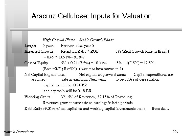 Aracruz Cellulose: Inputs for Valuation High Growth Phase Stable Growth Phase Length 5 years