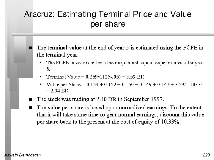 Aracruz: Estimating Terminal Price and Value per share The terminal value at the end