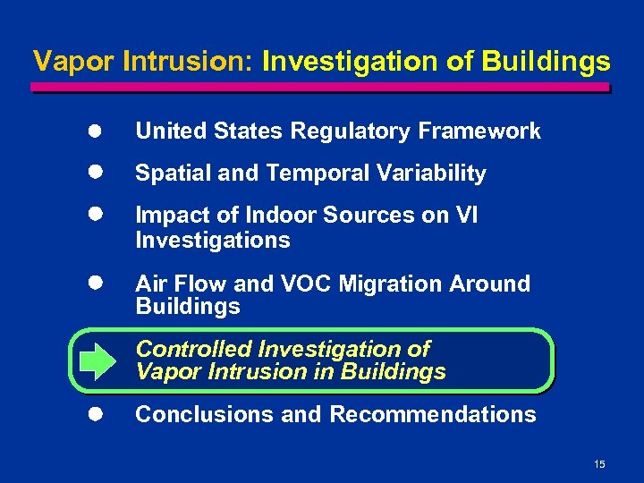 Vapor Intrusion: Investigation of Buildings l United States Regulatory Framework l Spatial and Temporal
